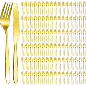 nuenen 100 pcs stainless steel forks dinnerware set, dinner forks and dinner knives flatware set tableware cutlery set for butter kitchen restaurant hotel home, dishwasher safe (gold,8.4", 7.1")