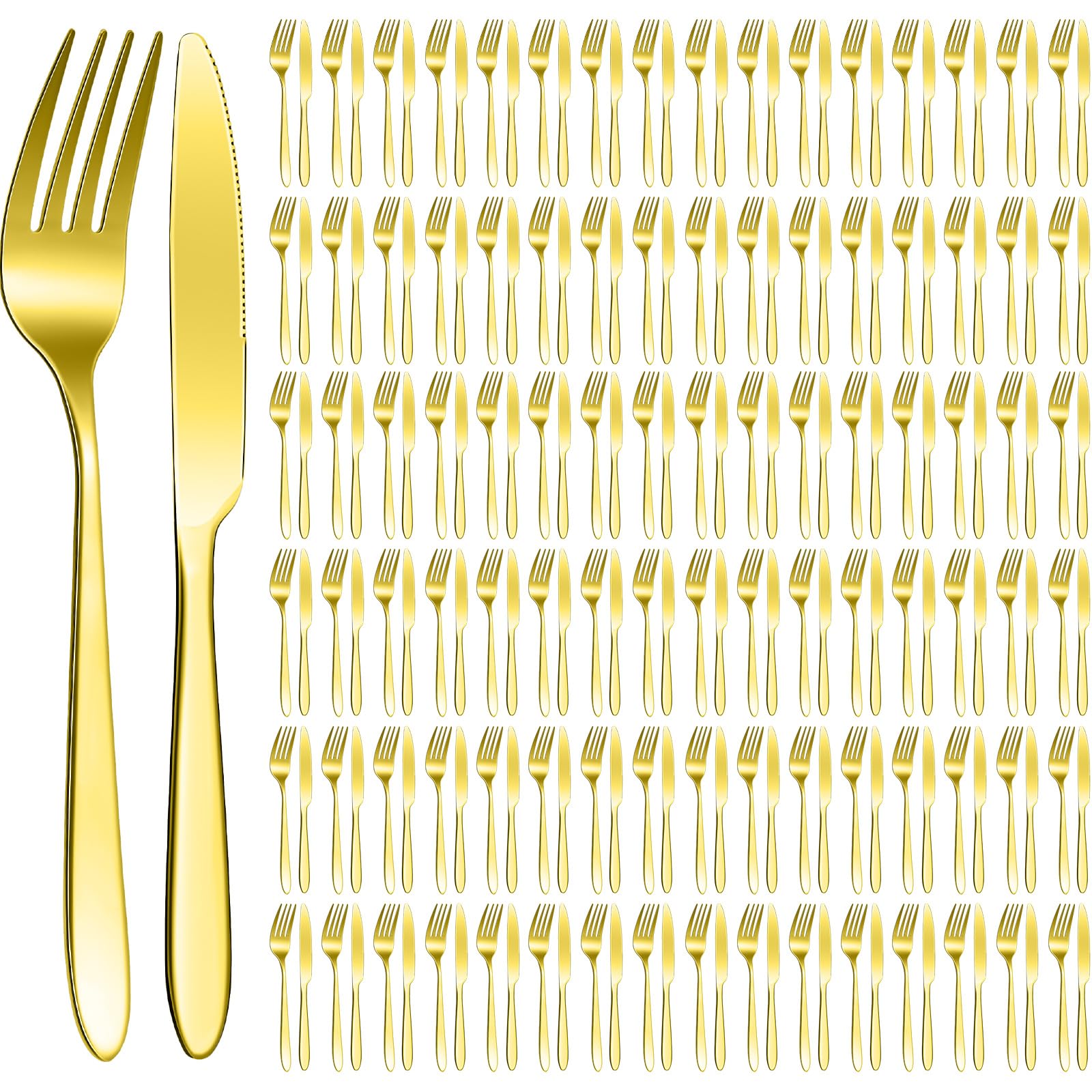 Nuenen 100 Pcs Stainless Steel Forks Dinnerware Set, Dinner Forks and Dinner Knives Flatware Set Tableware Cutlery Set for Butter Kitchen Restaurant Hotel Home, Dishwasher Safe (Gold,8.4", 7.1")