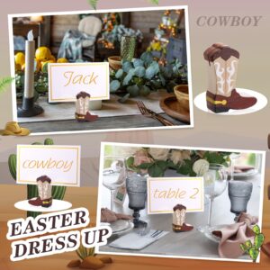 Kigley 18 Pcs Cowboy Boots Wooden Ornaments Place Card Holder and 25 Pcs Gold Foil White Card Cowboy Boots Wooden Table Sign Picture Number Sign Stands Holder for Wedding Party Events (Brown)