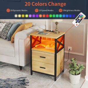 HDDDZSW LED Nightstand with Charging Station, Side Table with USB Ports and Outlets, End Table for Small Spaces, Log Colour Bedside Tables with Fabric-Wood 2-in-1 Drawer for Bedroom, Living Room