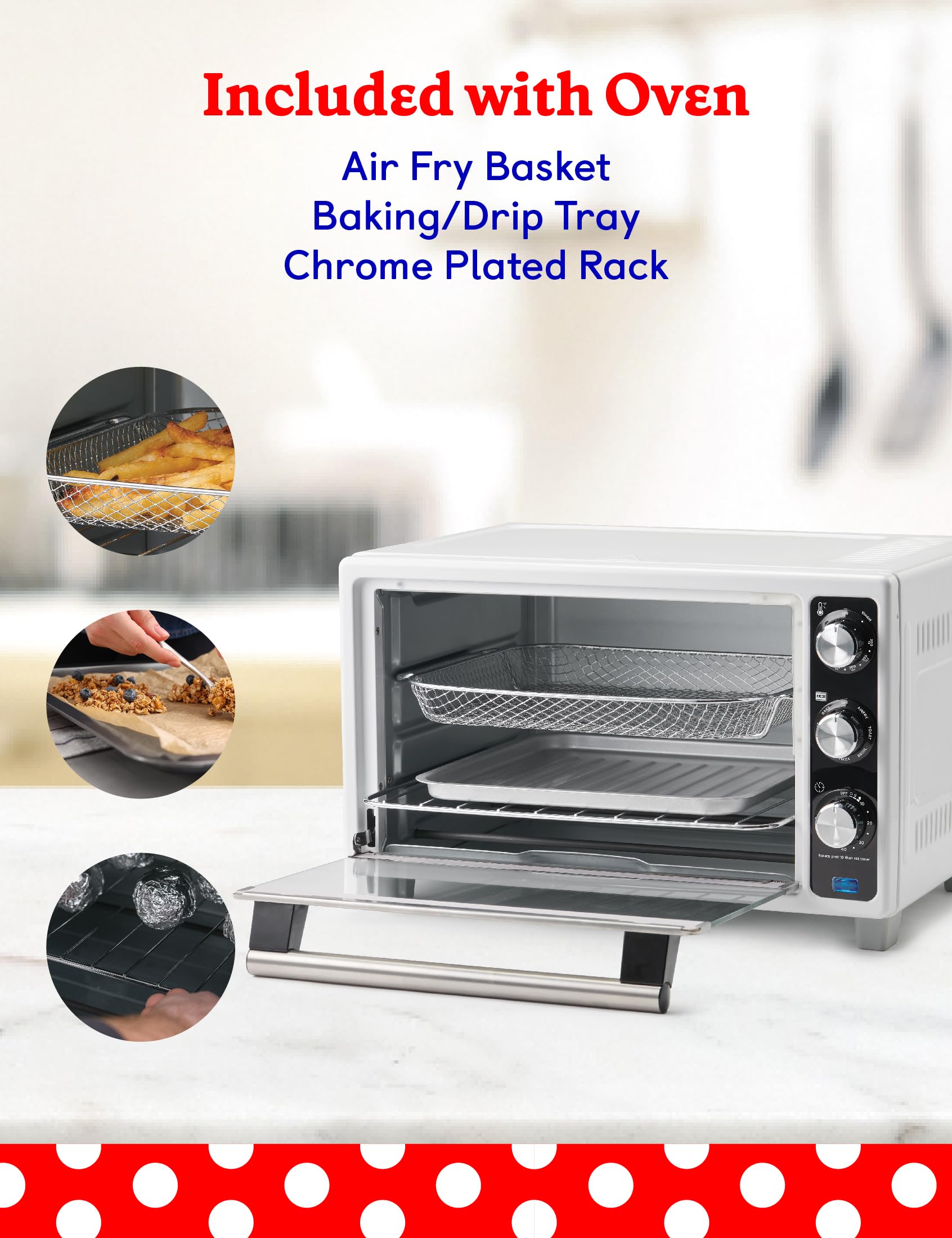 Betty Crocker Air Fryer Convection Toaster Oven, Multifunction 6-Slice Toaster and Air Fryer Oven, 0.8 Cu. Ft. 6 Slice Capacity AirFryer Toaster Oven Combo, 7 Function Convection Oven, White