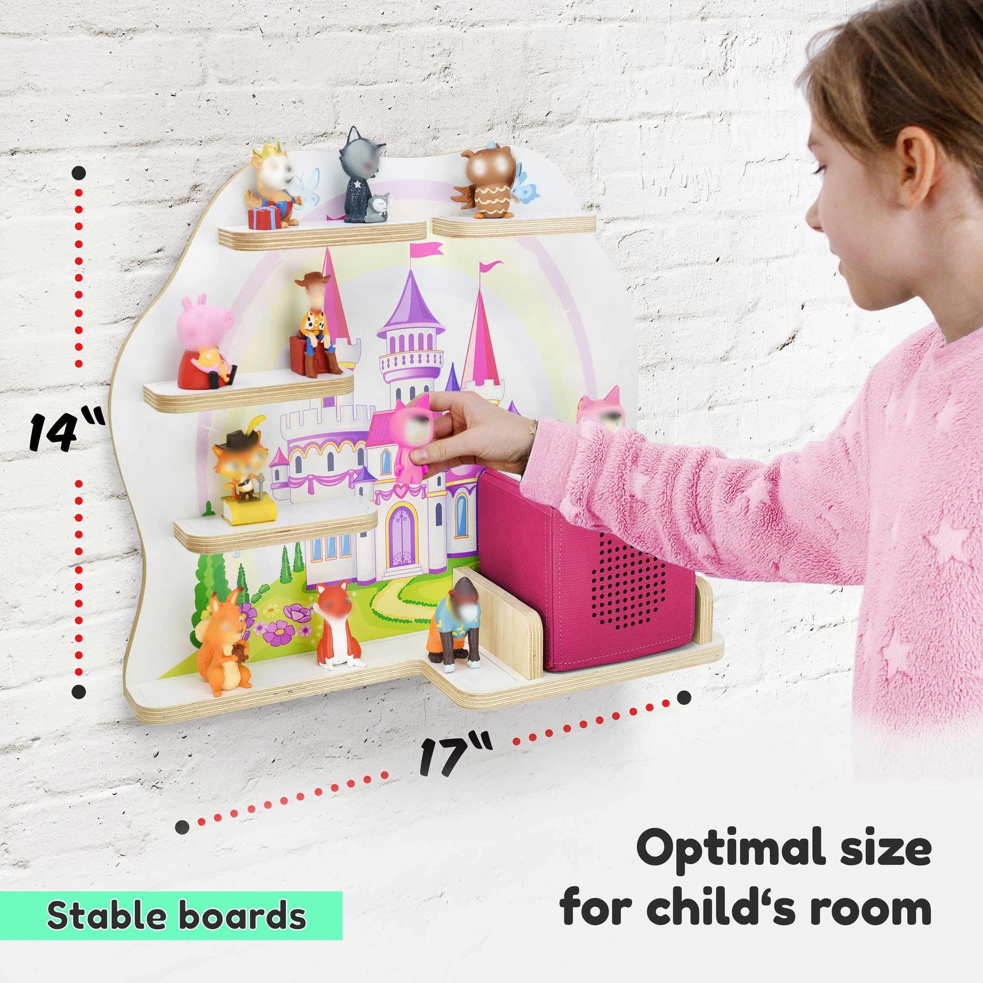 stadtecken Wooden Shelf for Music Box I Suitable for The Toniebox and ca. 35 Tonies I Perfect Storage in The Children's Room I for Setting up or Hanging (Medium, Fairy Tale Castle)