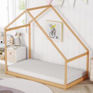 Merax Twin Bed Frames with Roof for Kids Girls Boys, Montessori Wooden House Shaped, Sturdy Framework, Easy Assembly, No Noise