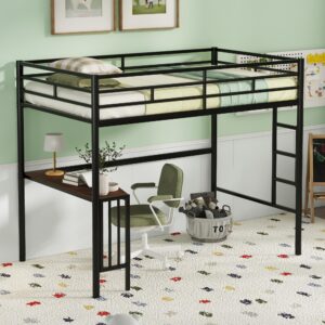 Metal Twin Over Full Bunk Bed Frame with Desk, Loft Platform Mattress Foundation with Steel Slat Support Storage Space