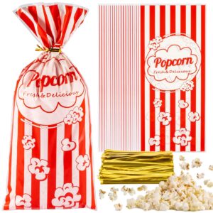 maqihan 100 popcorn bags individual servings - plastic popcorn individual food bags with twist tie pop corn party popcorn sleeves bulk bar snack containers nostalgia gift packs movie night supplies