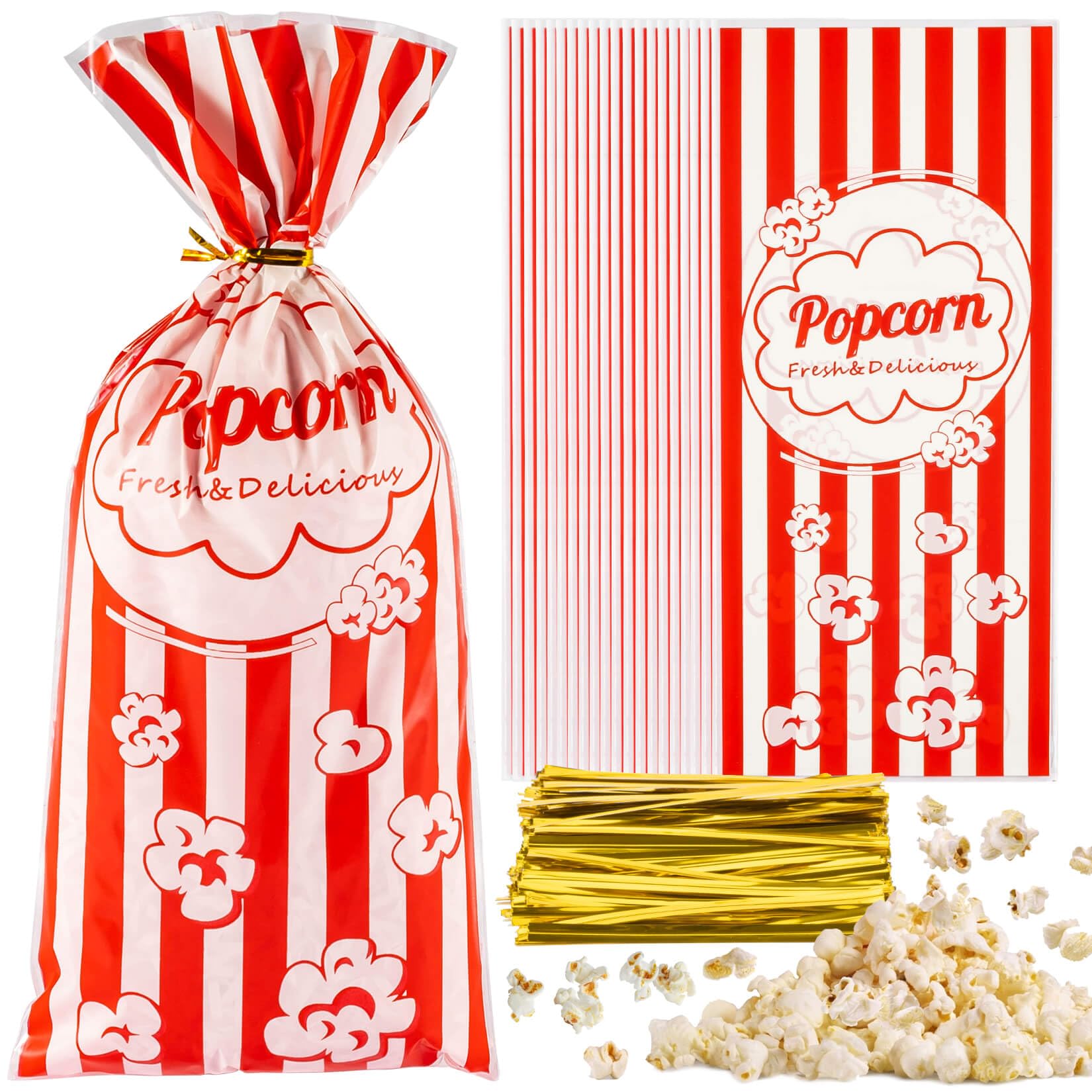 MAQIHAN 100 Popcorn Bags Individual Servings - Plastic Popcorn Individual Food Bags with Twist Tie Pop Corn Party Popcorn Sleeves Bulk Bar Snack Containers Nostalgia Gift Packs Movie Night Supplies