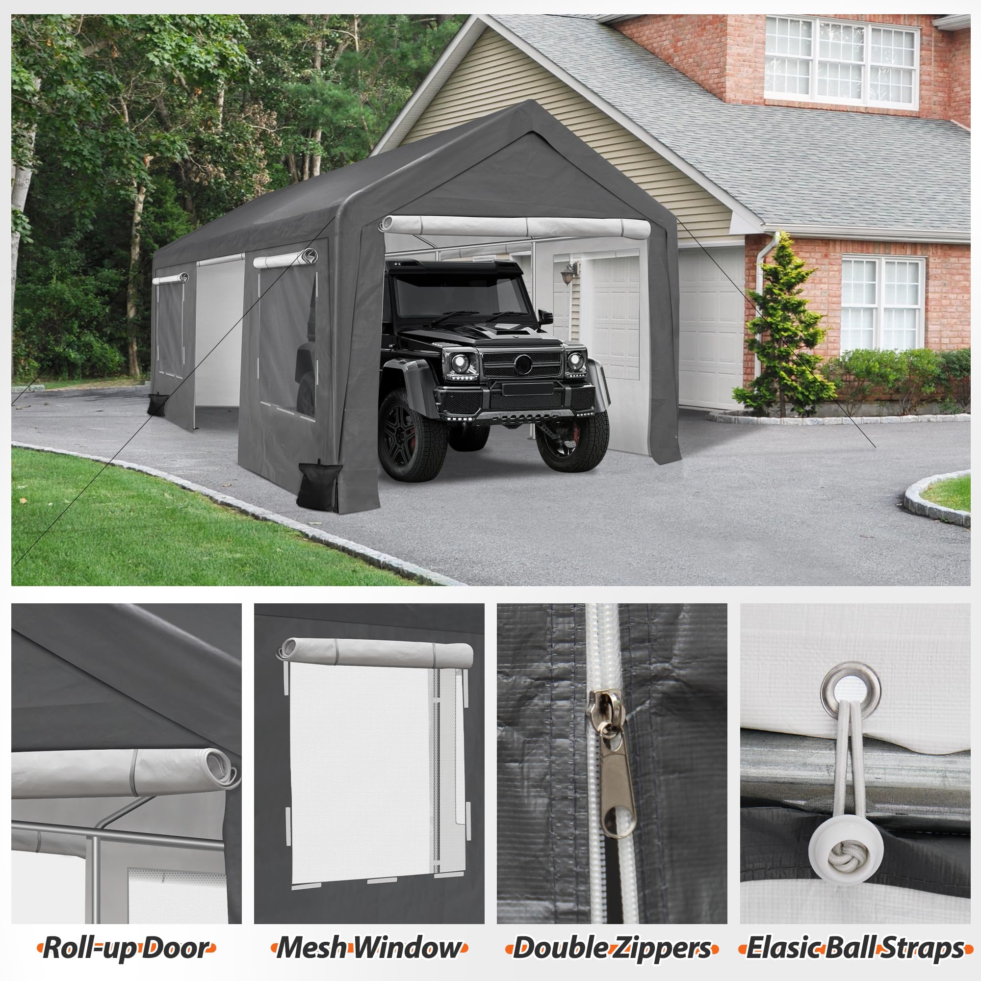 QZEN Carport 10x20ft Portable Garage, Heavy Duty Car Canopy with Roll-up Ventilated Windows & Side Doors, Car Port for SUV, F150, Car, Truck, Boat (10' x 20'Grey and White)