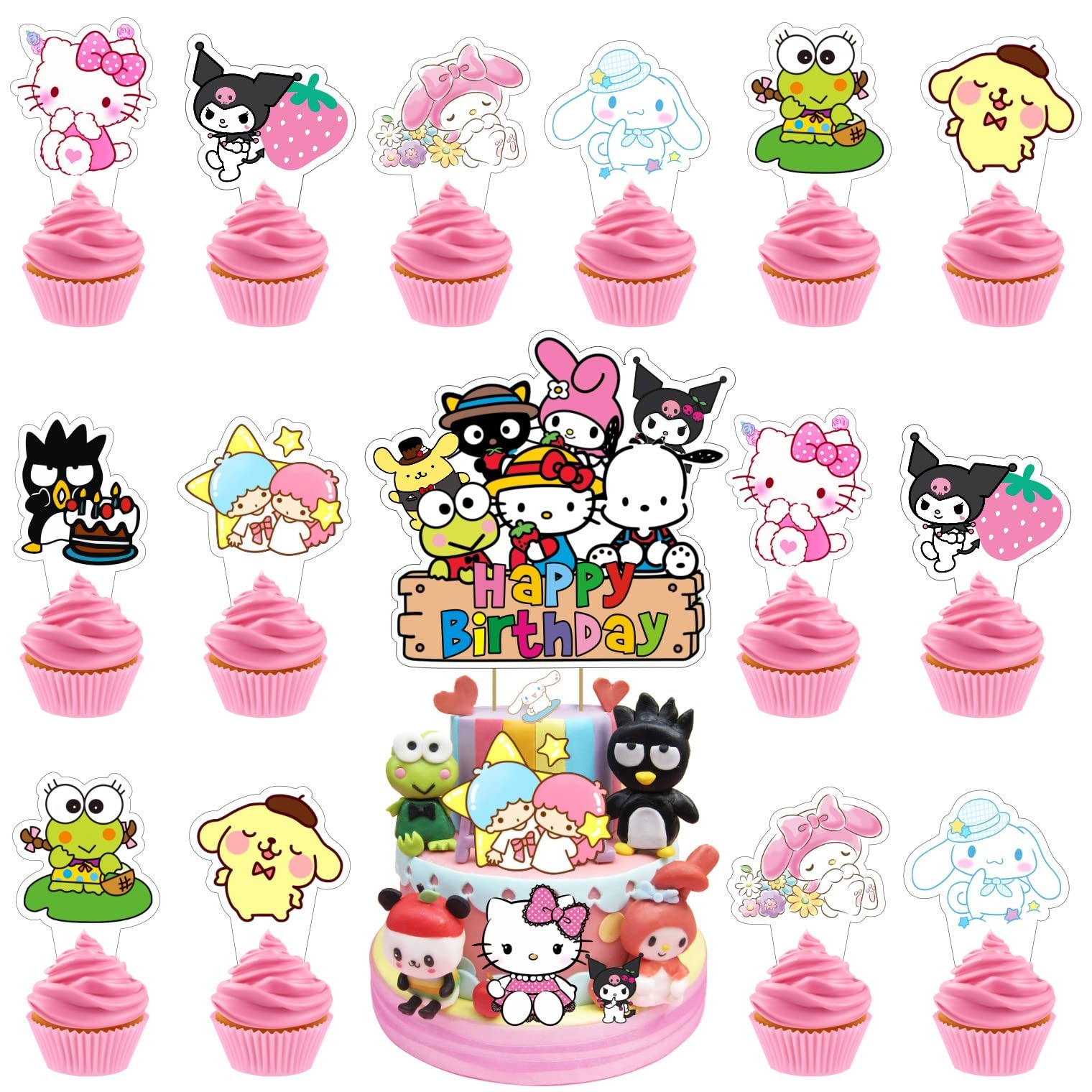 25Pcs Kitty and Friends Cake Topper and Cupcake Toppers Set, Cinnamoroll Kuromi and My Melody keroppi Birthday Party Supplies for Kawaii Themed Birthday Cake Decorations