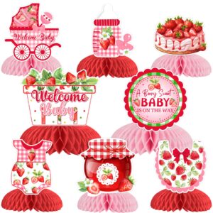 sursurprise strawberry baby shower decorations, 8 pieces strawberry honeycomb centerpieces, a berry sweet baby is on the way table topper decor for girls fruit themed party supplies