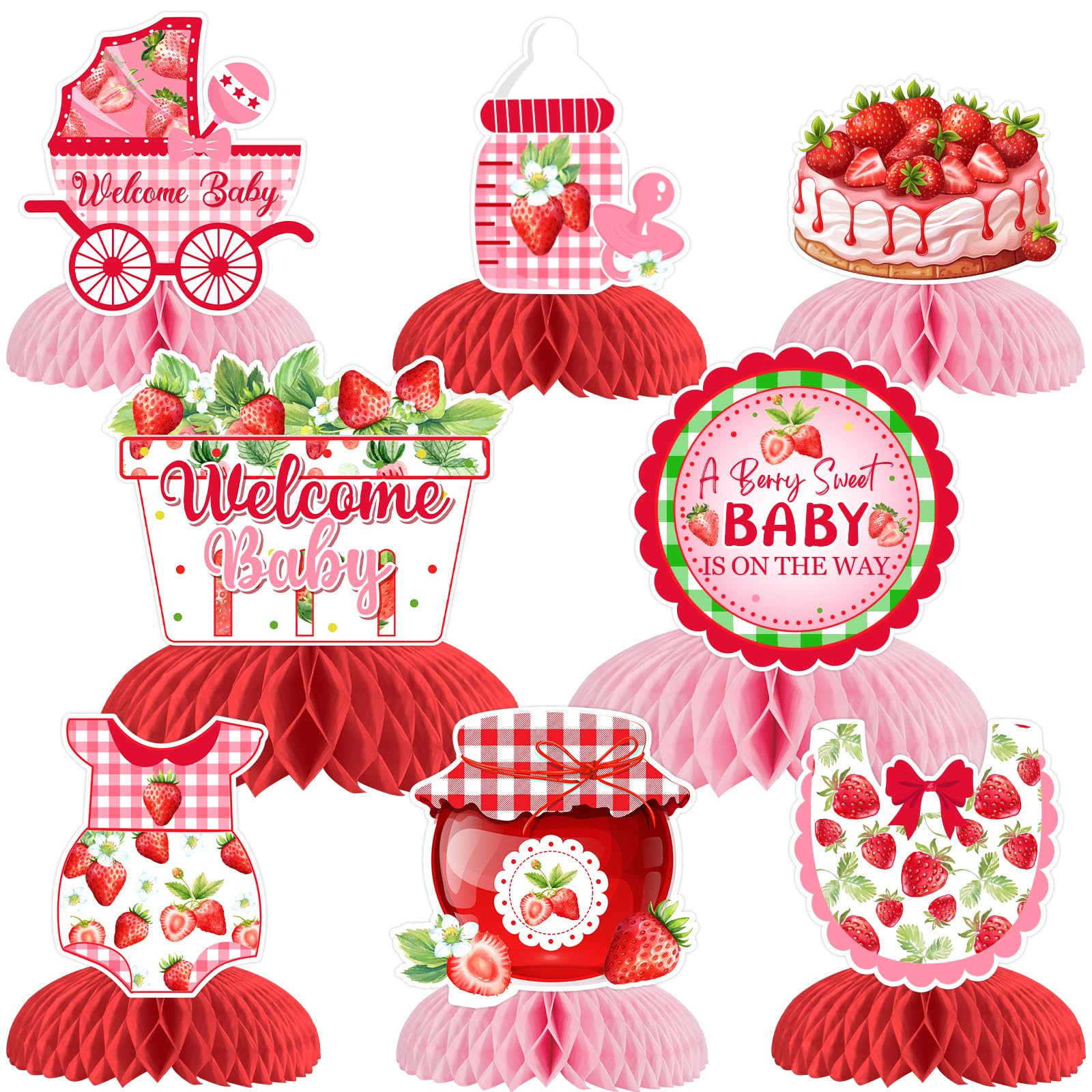 Sursurprise Strawberry Baby Shower Decorations, 8 Pieces Strawberry Honeycomb Centerpieces, A Berry Sweet Baby Is On The Way Table Topper Decor for Girls Fruit Themed Party Supplies