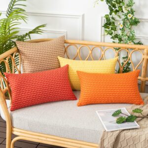 UGASA Fall Outdoor Waterproof Pillow Covers Pack of 2 Weaving Texture Water Resistant Outside Decorative Pillow Cases for Patio Garden Porch Yard Bench 18x18 Inch, Orange