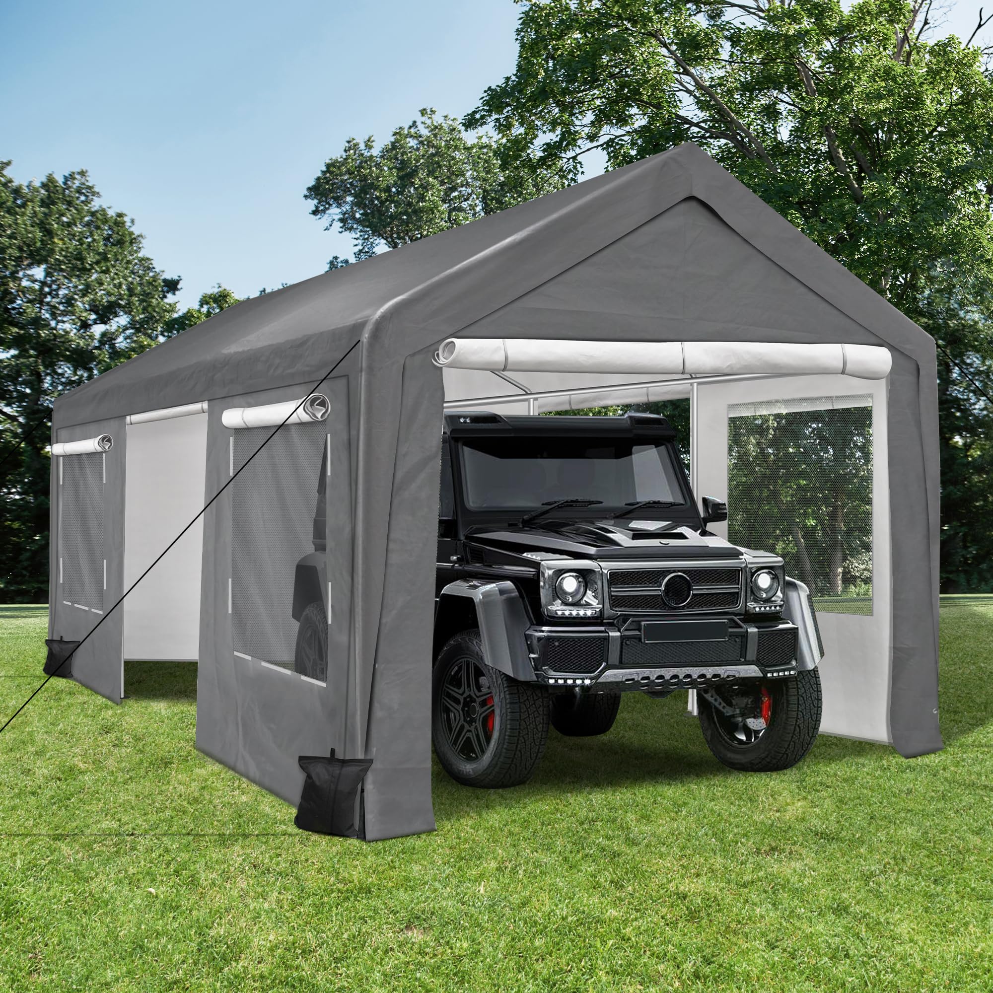 QZEN Carport 10x20ft Portable Garage, Heavy Duty Car Canopy with Roll-up Ventilated Windows & Side Doors, Car Port for SUV, F150, Car, Truck, Boat (10' x 20'Grey and White)