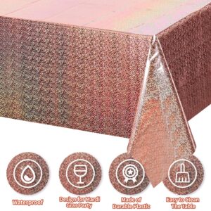 3PCS Iridescence Plastic Tablecloths Shiny Disposable Laser Rectangle Table Covers Holographic Foil Tablecloth Iridescent Party Decoration Birthday Bridal Wedding Christmas 54" x 108", Rose Gold