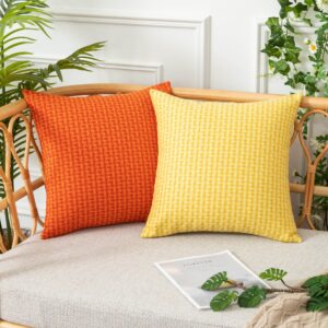 UGASA Fall Outdoor Waterproof Pillow Covers Pack of 2 Weaving Texture Water Resistant Outside Decorative Pillow Cases for Patio Garden Porch Yard Bench 18x18 Inch, Orange