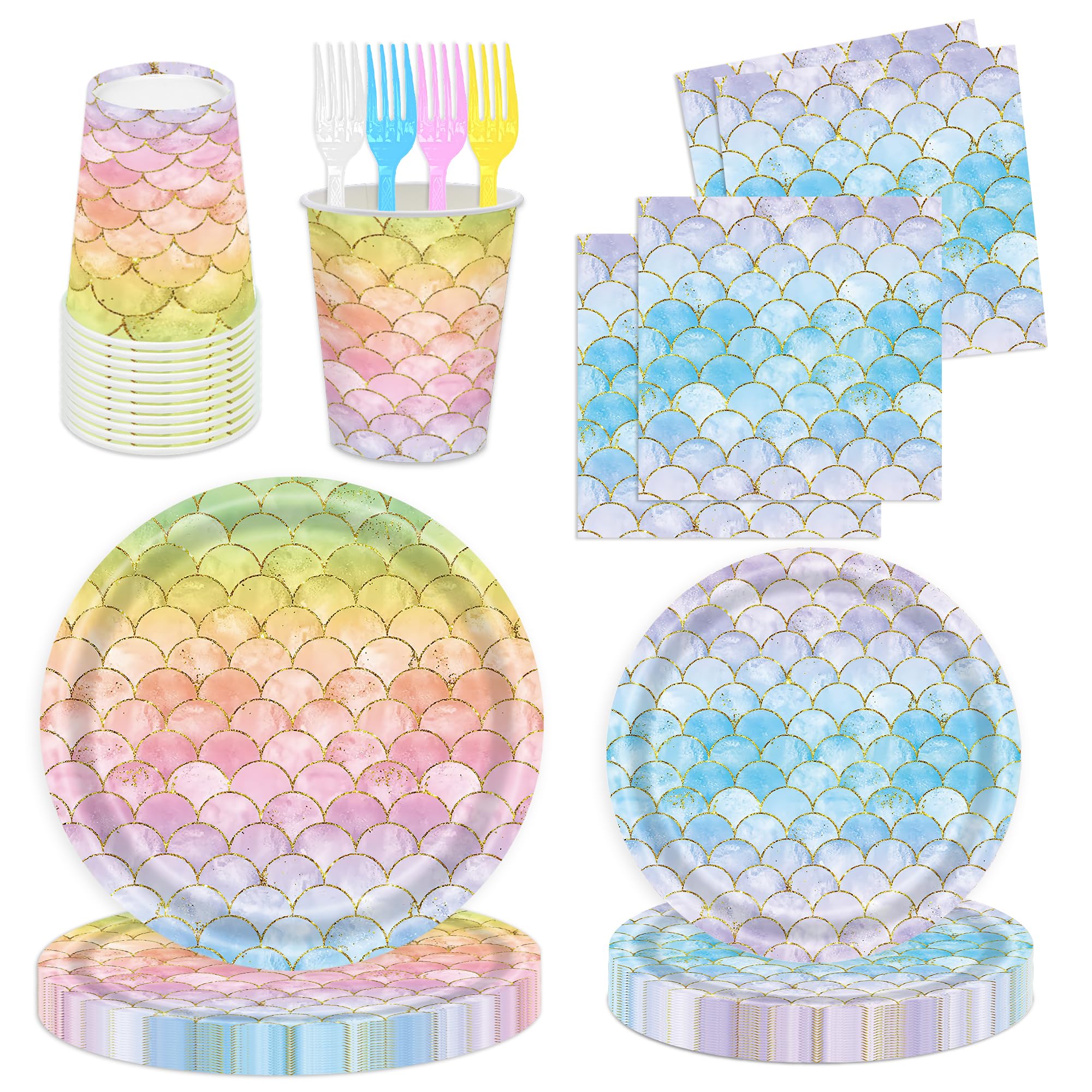 120PCS Mermaid Party Tableware Set Mermaid Birthday Party Supplies Mermaid Plates and Napkins Cups Forks Mermaid Party Decorations for Birthday Bridal Shower Baby Shower Decorations Serve 24