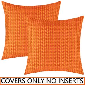 UGASA Fall Outdoor Waterproof Pillow Covers Pack of 2 Weaving Texture Water Resistant Outside Decorative Pillow Cases for Patio Garden Porch Yard Bench 18x18 Inch, Orange