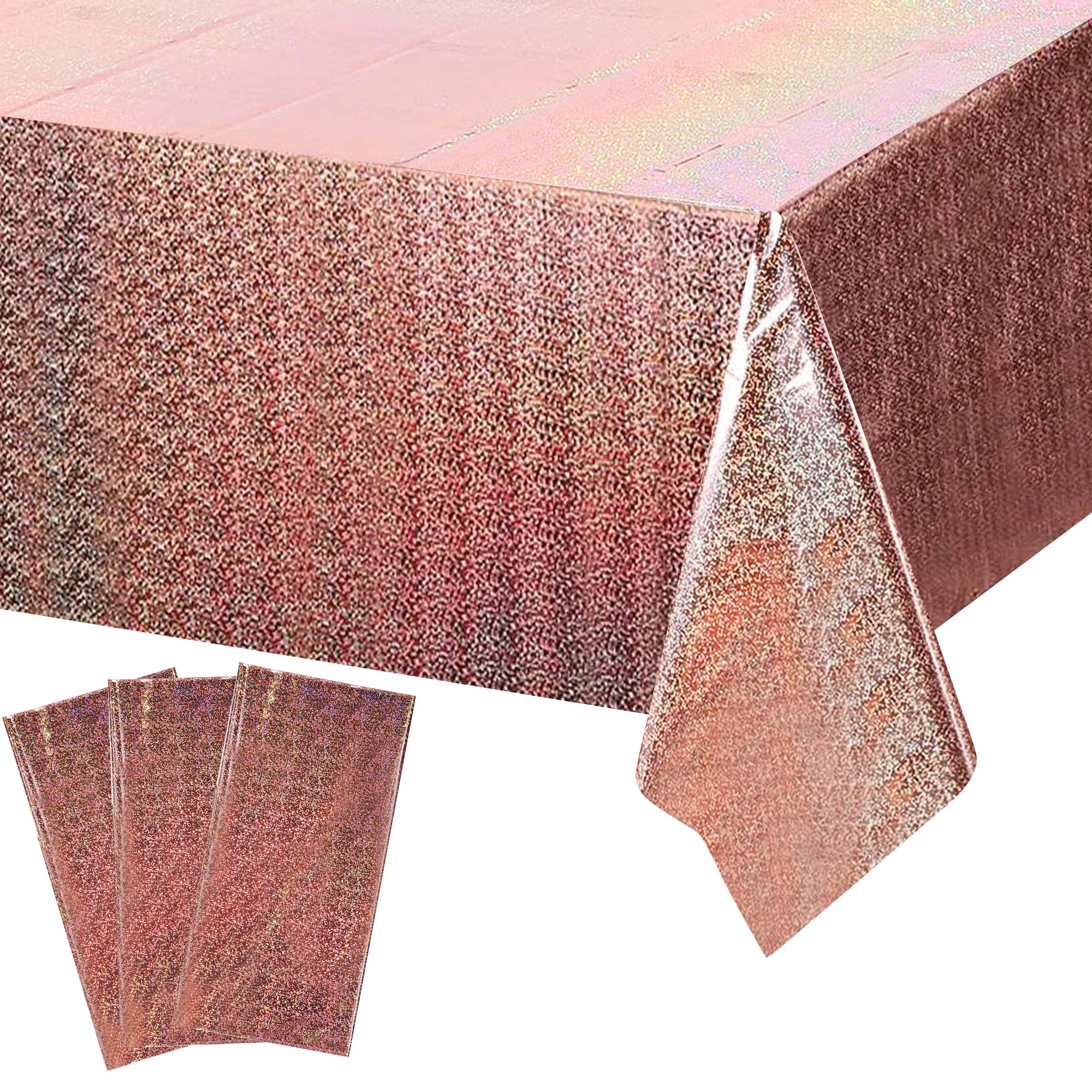 3PCS Iridescence Plastic Tablecloths Shiny Disposable Laser Rectangle Table Covers Holographic Foil Tablecloth Iridescent Party Decoration Birthday Bridal Wedding Christmas 54" x 108", Rose Gold