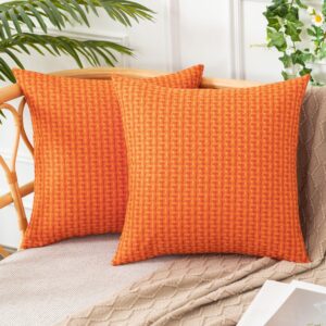 ugasa fall outdoor waterproof pillow covers pack of 2 weaving texture water resistant outside decorative pillow cases for patio garden porch yard bench 18x18 inch, orange