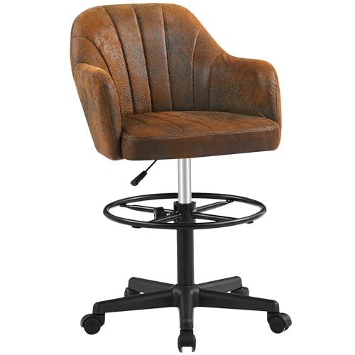 VECELO Home Office Desk Chair with Height Adjustable Seat and Footrest Ergonomic PU Standing Swivel Stool with Back and Arm