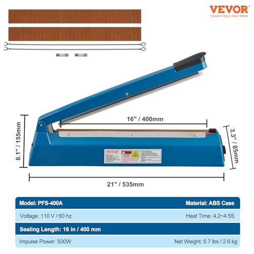 VEVOR Impulse Sealer 16 inch, Manual Heat Seal Machine with Adjustable Heating Mode, ABS Shrink Wrap Bag Sealers for Plastic Mylar PE PP Bags, Portable Poly Bag Sealing Machine with Extra Replace Kit