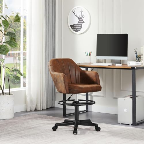 VECELO Home Office Desk Chair with Height Adjustable Seat and Footrest Ergonomic PU Standing Swivel Stool with Back and Arm