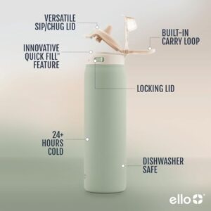 Ello Pop & Fill 32oz Stainless Steel Water Bottle with Quick Fill Technology, Double Walled and Vacuum Insulated Metal, Leak Proof Locking Lid, Sip and Chug, Reusable, BPA Free, Pistachio