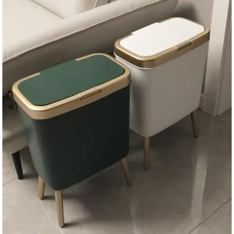 Yatgowell Office Trash Can with Lid,Small Kitchen Trash Can, 4 Gallon Kitchen Trash Can with Gold Edge,Modern Green Trash Can Waste Basket for Bedroom,Living Room, Toilet