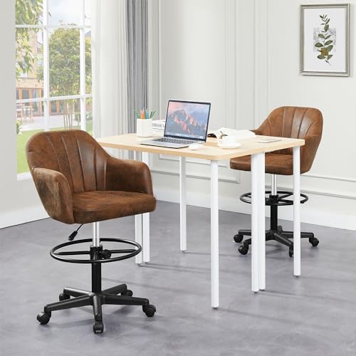 VECELO Home Office Desk Chair with Height Adjustable Seat and Footrest Ergonomic PU Standing Swivel Stool with Back and Arm