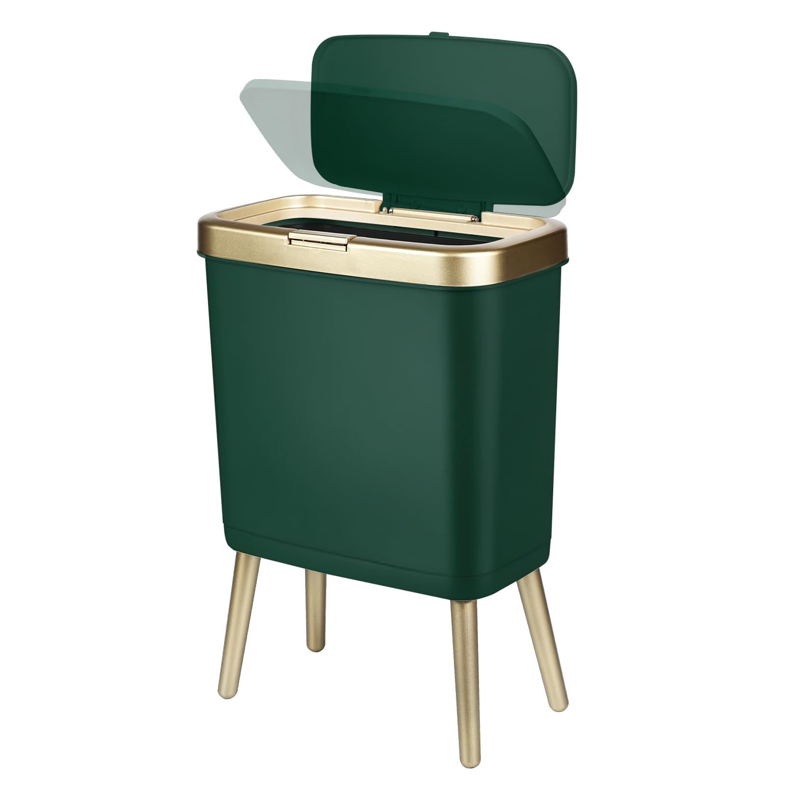 Yatgowell Office Trash Can with Lid,Small Kitchen Trash Can, 4 Gallon Kitchen Trash Can with Gold Edge,Modern Green Trash Can Waste Basket for Bedroom,Living Room, Toilet