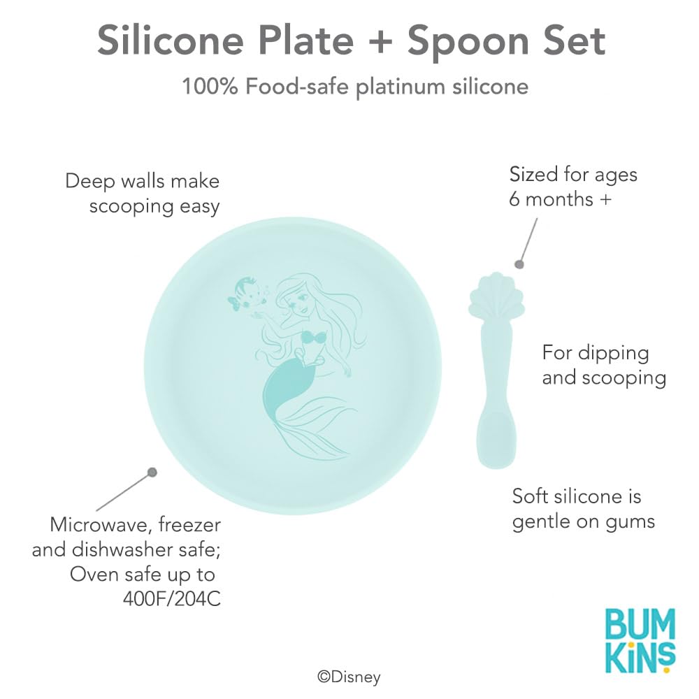 Bumkins Disney Baby and Toddler Plate and Spoon Set, Silicone Dish for Babies and Kids, Baby Led Weaning, Children Feeding Supplies, Microwave Safe, Platinum Silicone, Ages 6 Months Up, Princess Ariel