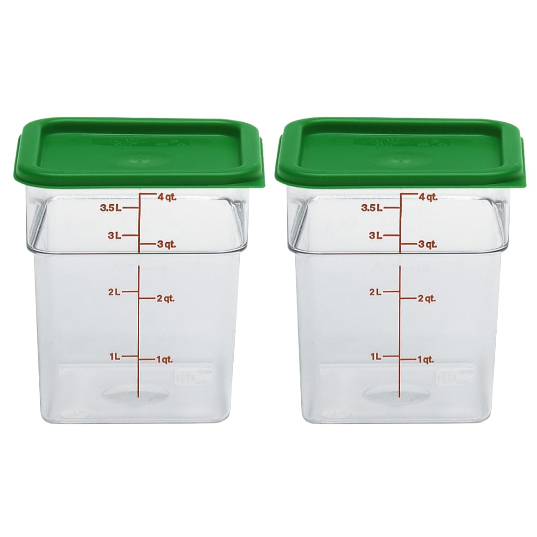 Cambro 4 QT (Quart) Square Food Storage Container with Greeen Lid (2 Pack) - Classic Series (Clear)