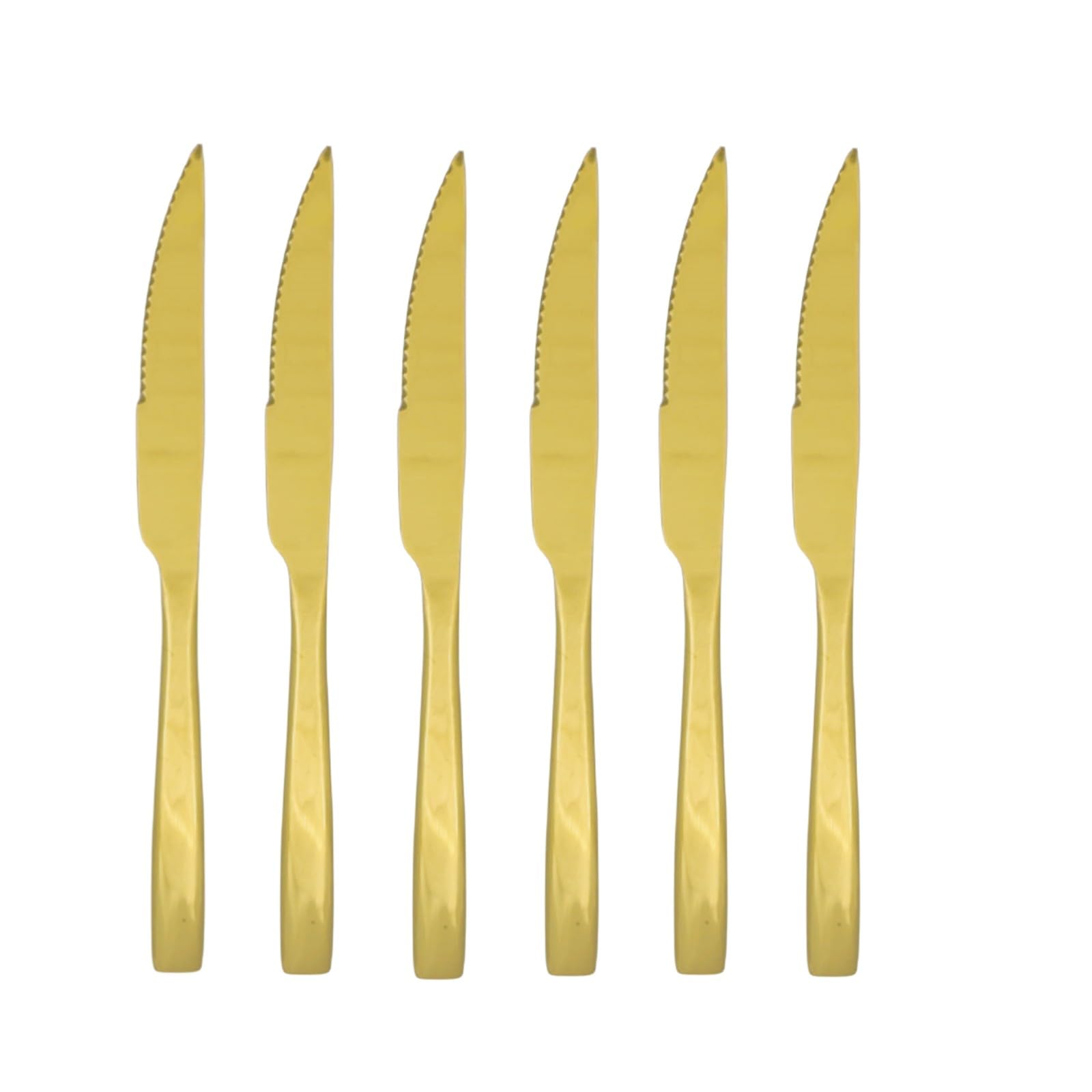 Keiwhsly Gold Serrated Steak Knife Set of 6, 9.1 Inche Stainless Steel Dinner Table Knives Dinnerware Set for Cutting Meat, Beef, Dishwasher Safe