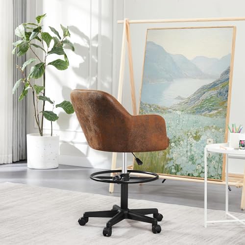 VECELO Home Office Desk Chair with Height Adjustable Seat and Footrest Ergonomic PU Standing Swivel Stool with Back and Arm