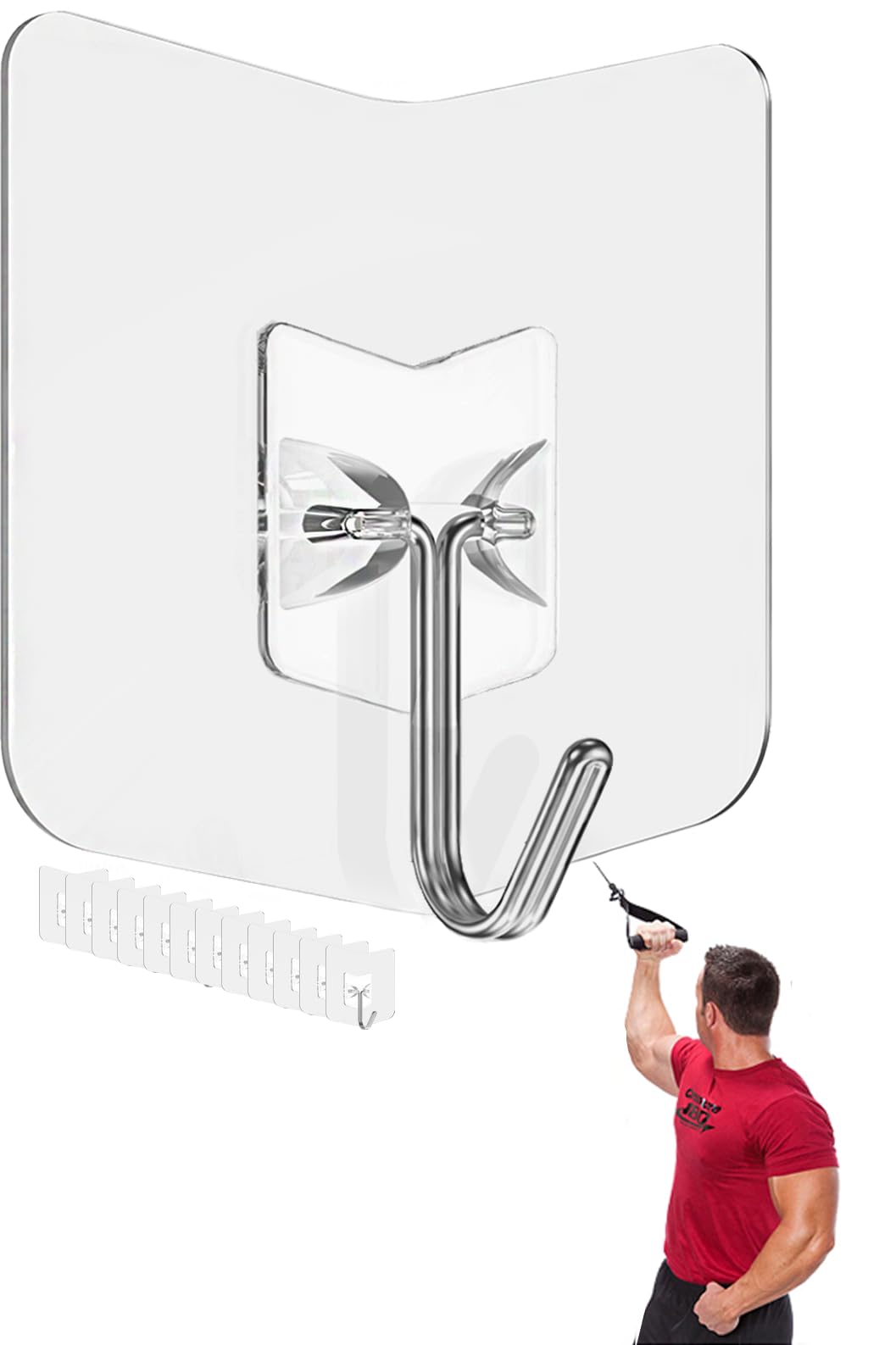 Nabreeli Adhesive Hooks for Hanging 12 Pack: Heavy Duty Wall Hooks 304 Stainless Steel Self Adhesive Towel Hook Waterproof Transparent Sticky Hooks for Kitchen Glass Door (12)