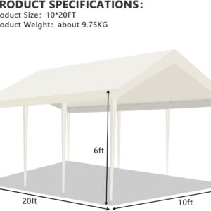 Carport Canopy 10' x 20' Outdoor Carport with Ball Bungees 600D Oxford Tearproof Replacement Canopy Tent Top Garage Shelter Cover Waterproof & UV Protection，Not Included Frame 22pound Heavy