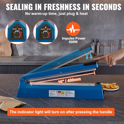 VEVOR Impulse Sealer 16 inch, Manual Heat Seal Machine with Adjustable Heating Mode, ABS Shrink Wrap Bag Sealers for Plastic Mylar PE PP Bags, Portable Poly Bag Sealing Machine with Extra Replace Kit