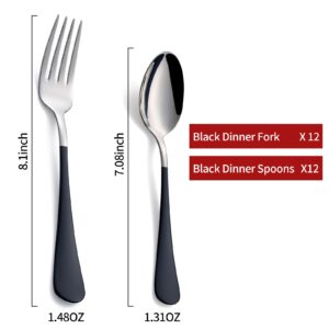 Onlycooker 24 piece Black Forks and Spoons Silverware Set,Black Handle Silverware Forks and Spoons 18/0 Stainless Steel Flatware Bulk Forksand Spoons Dessert Forks and Table Spoon Set of 24