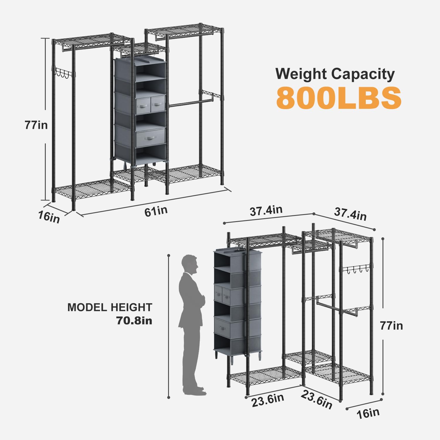 Raybee Clothes Rack, Clothing Racks for Hanging Clothes Heavy Duty Clothing Rack 800LBS Adjustable Clothes Racks for Hanging Clothes Metal Wire Garment Rack with 7 Drawers, Portable Closet Rack, Black