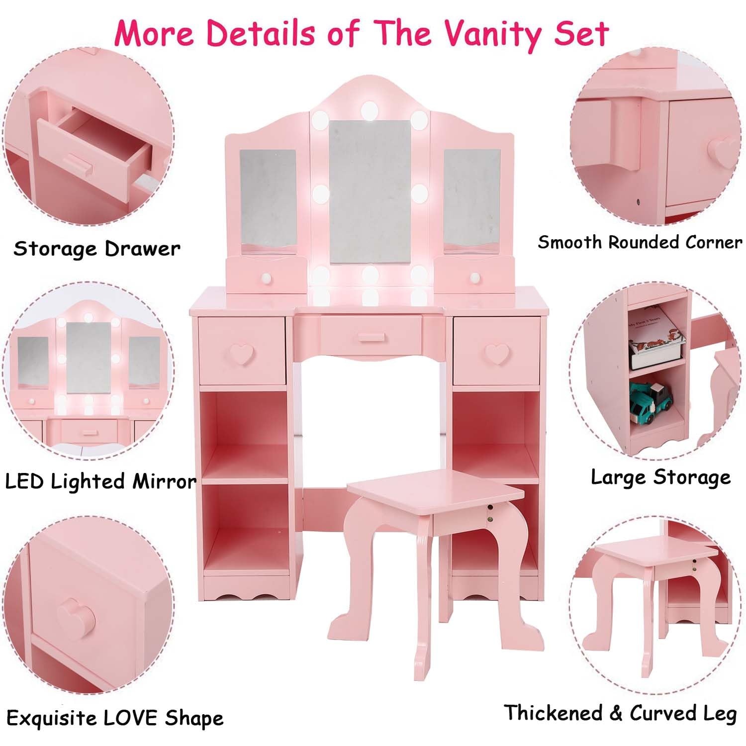 GAOMON Kids Vanity, Girls Vanity Table with Mirror, Light,Stool & Drawer, 2 in 1 Wooden Princess Makeup Desk Dressing Table, Toddler Vanity,Pretend Play Vanity Set for Kids