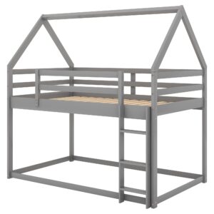 LostCat Bunk Bed Twin Over Twin, Wood Twin Size House Floor Bunk Beds w/Safety Guardrail & Ladder, Space Saving Design, No Box Spring Needed, Gray