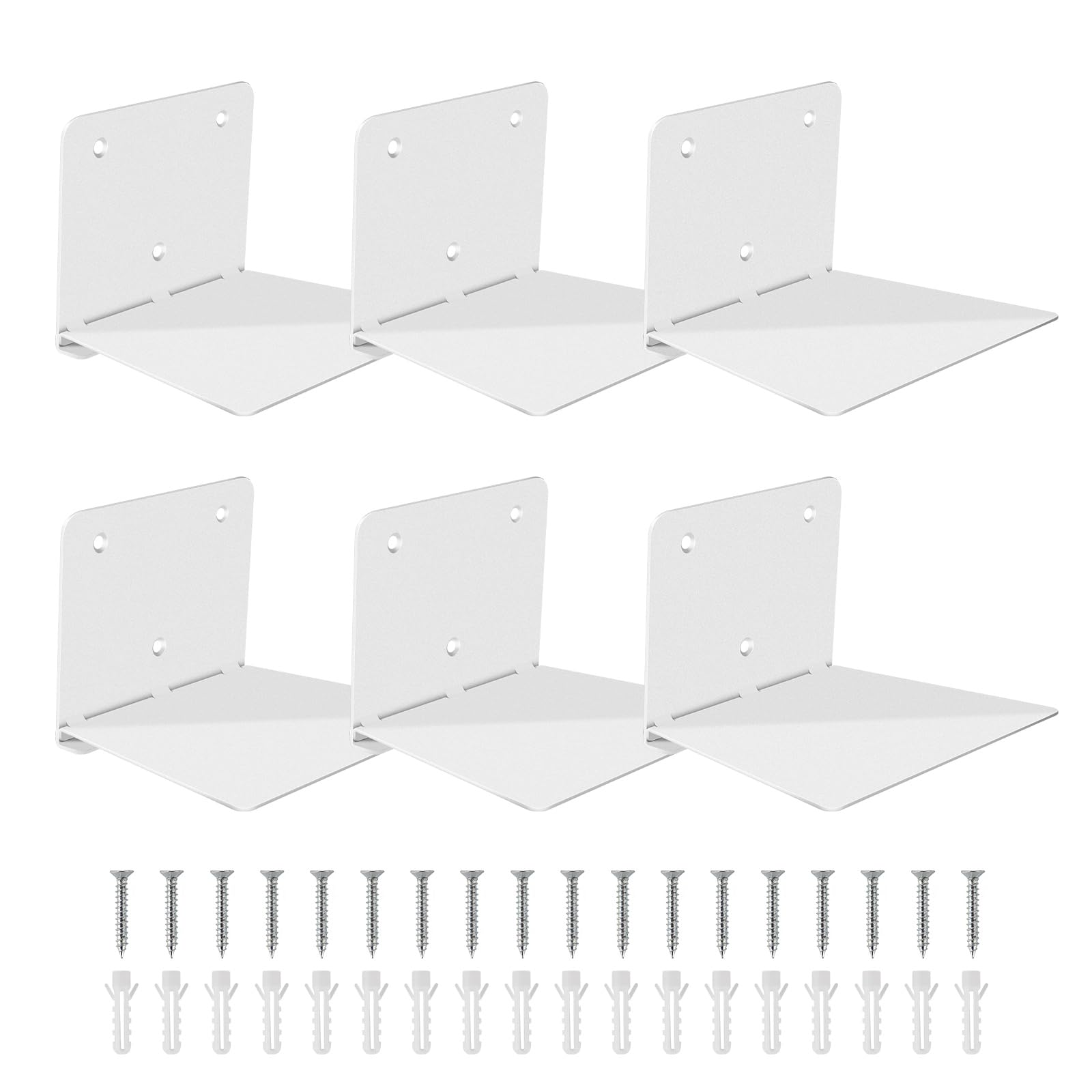 FENTEC Floating Book Shelves for Wall, Wall Mounted Invisible Floating Bookshelf, Heavy-Duty Hanging Bookshelves, Hidden Book Shelf Metal Wall Book Holder for Bedroom Home Office, 6-Pack White