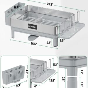 LIONONLY Dish Drying Rack, 304 Stainless Steel Dish Drainers for Kitchen Counter, Durable Dish Strainer with 360° Rotatable Spout, Glass Holder, Utensil Holder, Saving-Space Kitchen Organizer, Grey