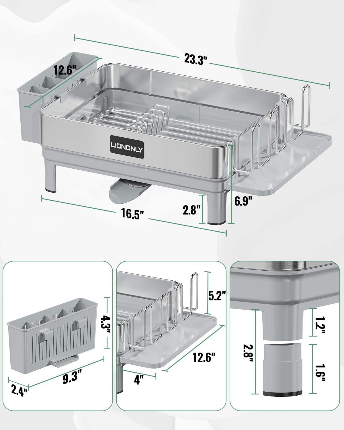 LIONONLY Dish Drying Rack, 304 Stainless Steel Dish Drainers for Kitchen Counter, Durable Dish Strainer with 360° Rotatable Spout, Glass Holder, Utensil Holder, Saving-Space Kitchen Organizer, Grey