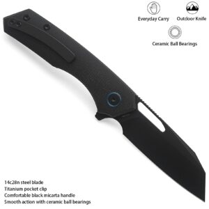 Miguron Knives M Keryx Flipper Folding Knife 3.17" Black PVD 14C28N Blade Black Micarta Handle With Titanium Pocket Clip Camping Hiking Pocket Knife MGR-813MBK