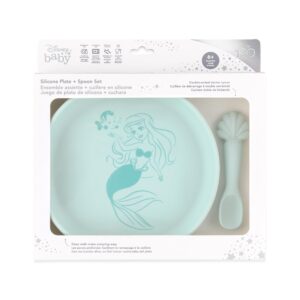 Bumkins Disney Baby and Toddler Plate and Spoon Set, Silicone Dish for Babies and Kids, Baby Led Weaning, Children Feeding Supplies, Microwave Safe, Platinum Silicone, Ages 6 Months Up, Princess Ariel