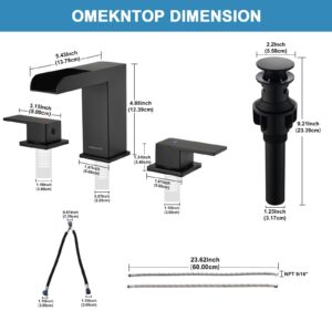 Bathroom Faucet Matte Black, OMEKNTOP 8 Inch Waterfall Bathroom Sink Faucet 3 Hole, Black Bathroom Faucet with Pop Up Drain and Hose, Two Handles Bathroom Faucet for Basin Lavatory Vanity