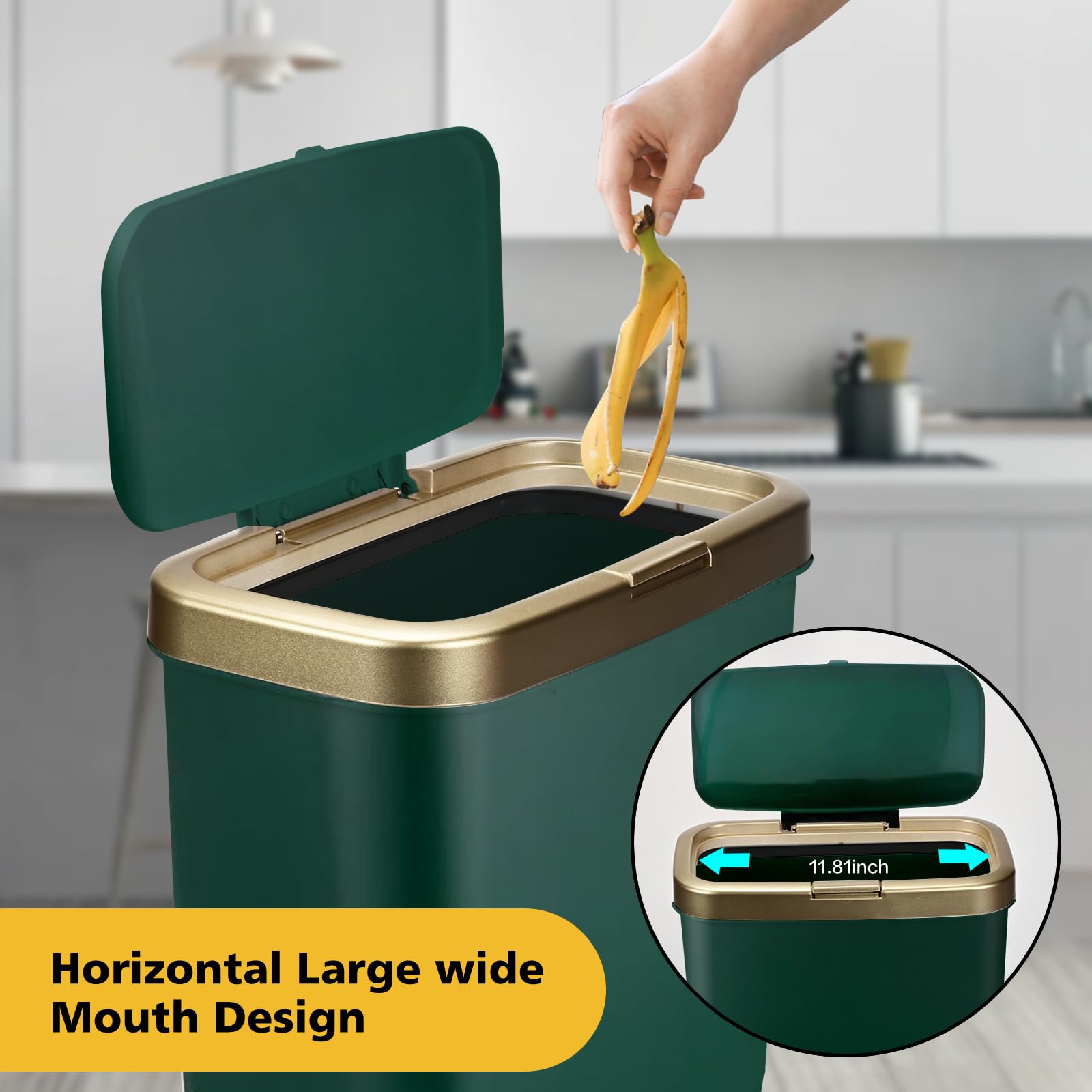 Yatgowell Office Trash Can with Lid,Small Kitchen Trash Can, 4 Gallon Kitchen Trash Can with Gold Edge,Modern Green Trash Can Waste Basket for Bedroom,Living Room, Toilet