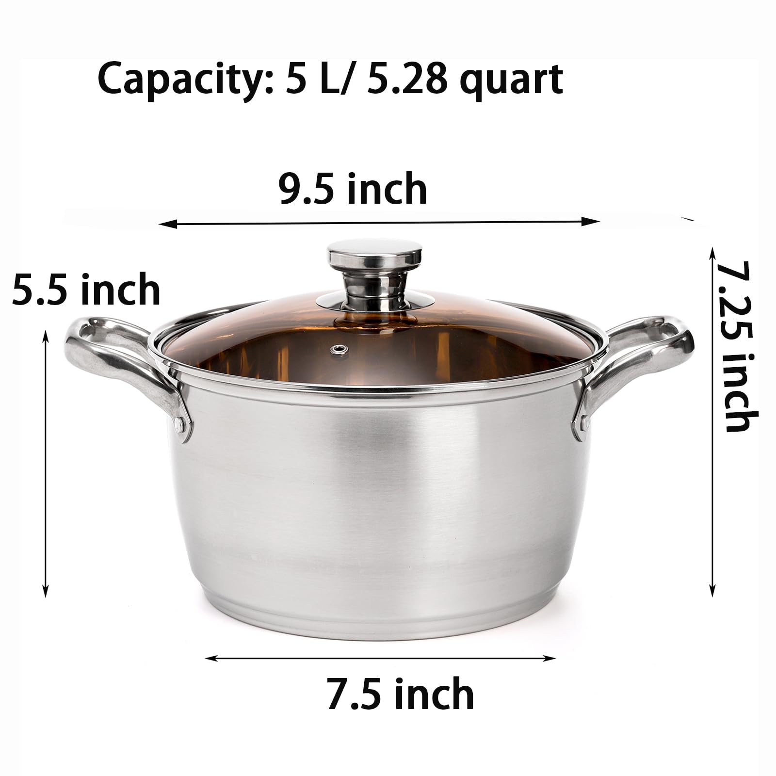 TOPZEA 5.3 Quart Stainless Steel Stockpot with Glass Lid, Tri-Ply Stainless Clad Stock Soup Pot SaucePan, Induction Pots Kitchen Cookware, Compatible with All Cooktops, Oven & Dishwasher Safe