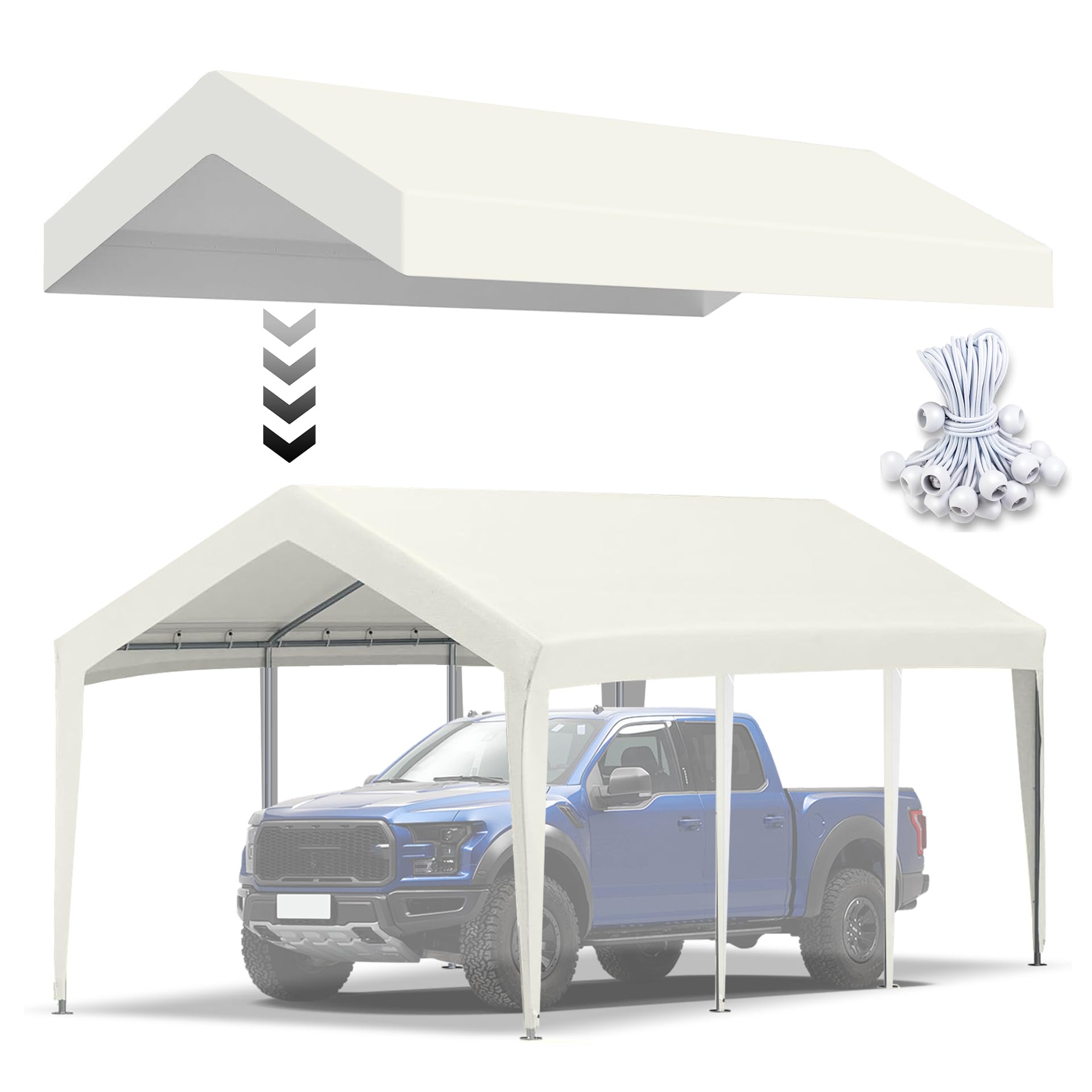 Carport Canopy 10' x 20' Outdoor Carport with Ball Bungees 600D Oxford Tearproof Replacement Canopy Tent Top Garage Shelter Cover Waterproof & UV Protection，Not Included Frame 22pound Heavy