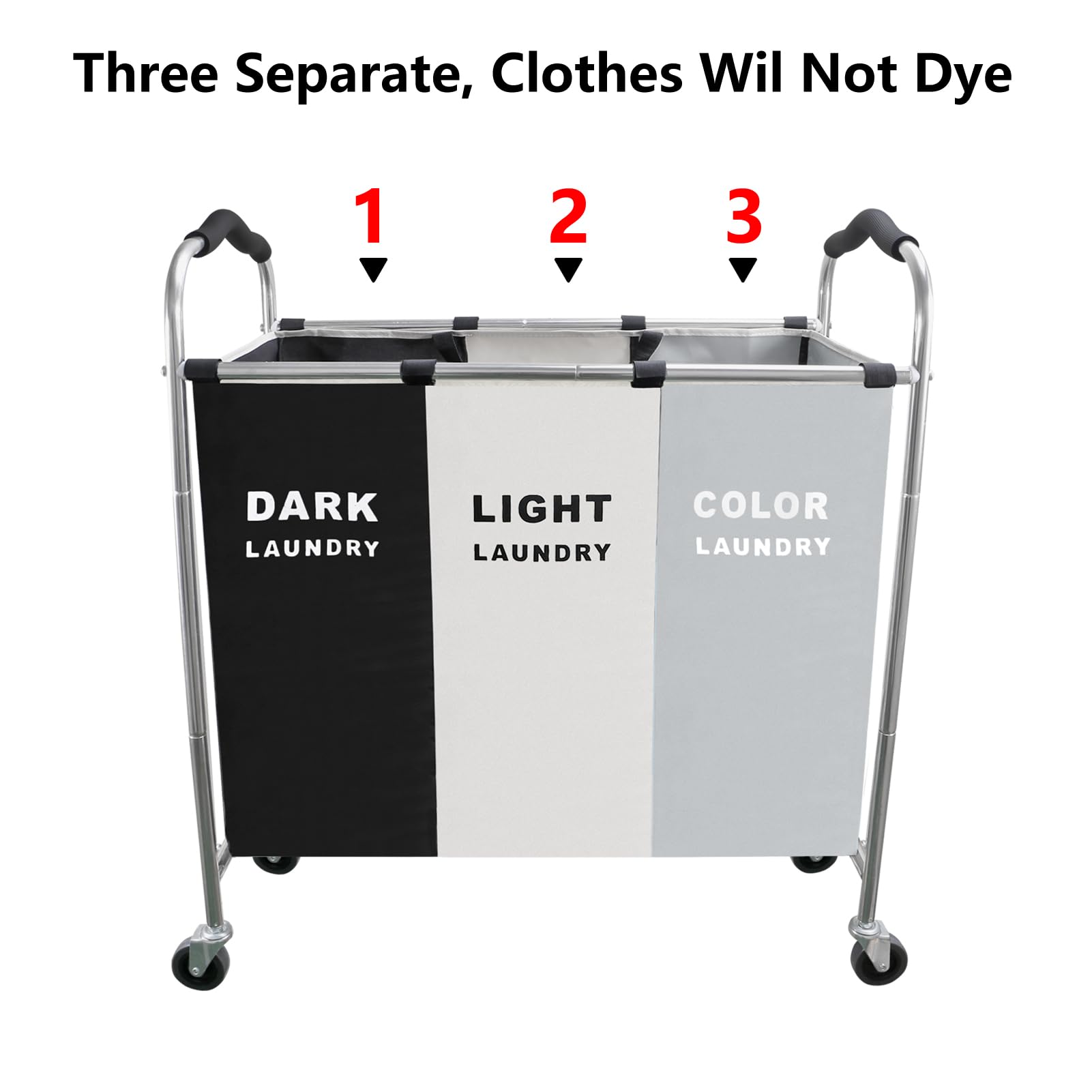 Laundry Sorter 3 Section, 240L Large Laundry Cart with Wheels 3 Hamper Laundry Sorter with Steel Frame and Removable Bag for Dirty Clothes in Laundry Room Bedroom